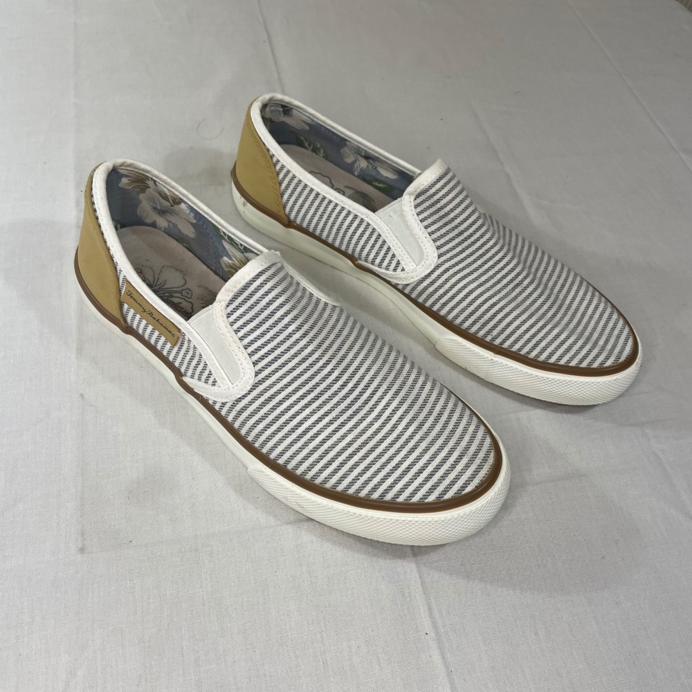 Tommy Bahama Mens Striped Slip On Sneakers White Gray TBF21WVL025 Size 8.5